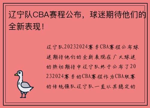 辽宁队CBA赛程公布，球迷期待他们的全新表现！
