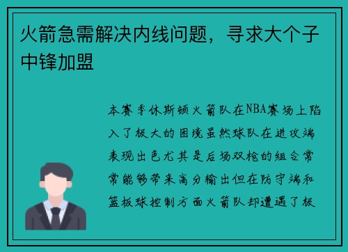 火箭急需解决内线问题，寻求大个子中锋加盟